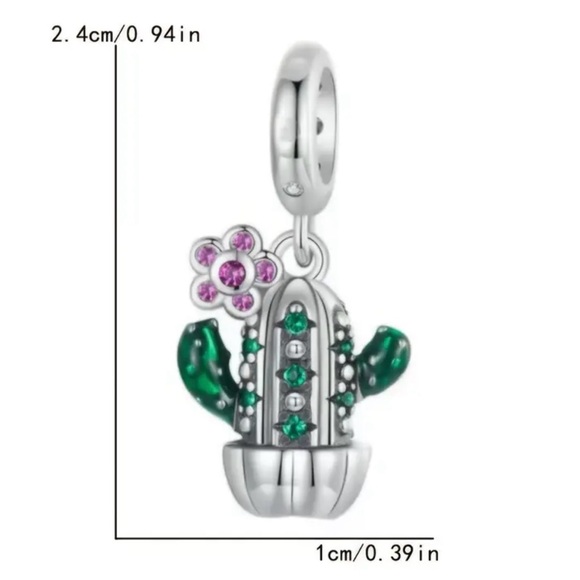 Silver and Green Cactus Charm with Pink Flower - Picture 3 of 3